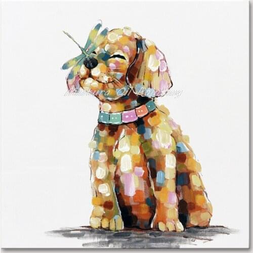 Mintura Wall Picture for Living Room Oil Paintings on Canvas Hand Painted The Lovely Dog and The Butterfly Home Decor No Framed