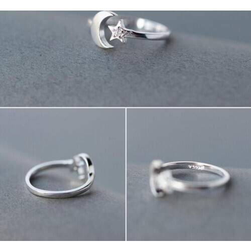 Jisensp Good Night Delicate Moon Stars Silver Plated Couple Rings Trendy Adjustable Finger Ring for Women Girls Party Gift