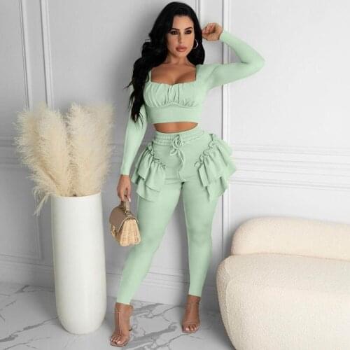 Autumn and Winter Two Piece Set Women Sexy Solid Long Sleeve Crop Top+Pants Sets Nightclub Club Outfits Streetwear Wholesale