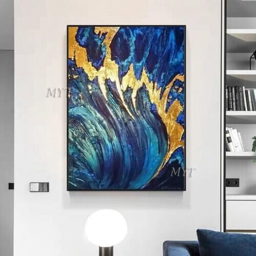Beautiful Modern Abstract Oil Painting High Quality Wall Art Blue And Gold Like A Flame Home Decor Picture Modern On Canvas