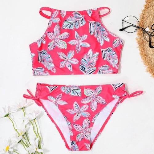 Floral Girls Swimsuit Kids Two Piece Childrens Swimwear Halter Top Girl Bikini Set High Neck Girls Bathing Suit Beachwear 2022