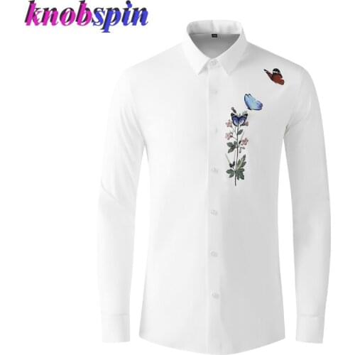 Brand Butterfly Printed Shirt Men High Quality Ice Silk Material Long Sleeve Business Male Dress shirts Casual Chemise homme