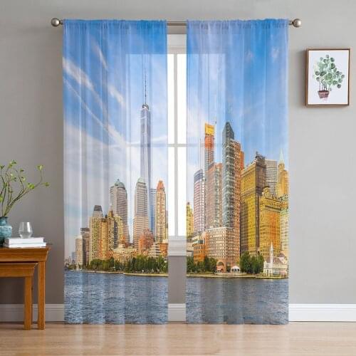 Sky City Building Landscape Print Sheer Window Panel Curtains Room for Living Room Bedroom Kitchen Room Chiffon Tulle Curtains