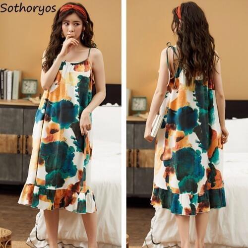 Nightgowns Women Printed Fashion Plus Size 5XL Loose Sweet Korean Style Nightwear Chic Leisure Womens Sexy Spaghetti Strap Home