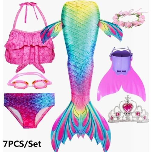NEW!7PCS Girls Kids Mermaid Tails with Flippers Crown Goggle Garland Swimsuit Mermaid Tail Clothing Swimwear Bikini Bathing Suit