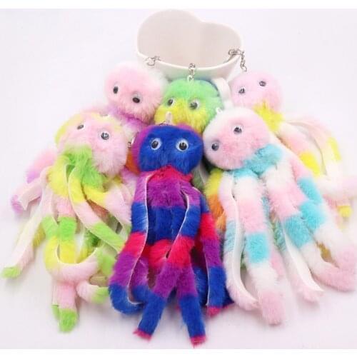 New Arrival Long Tassel Fluffy Key Chain Cute Colorful Octopus Keychains Women Pompom Faux Rabbit Fur Car Key Ring Bag Pendant
