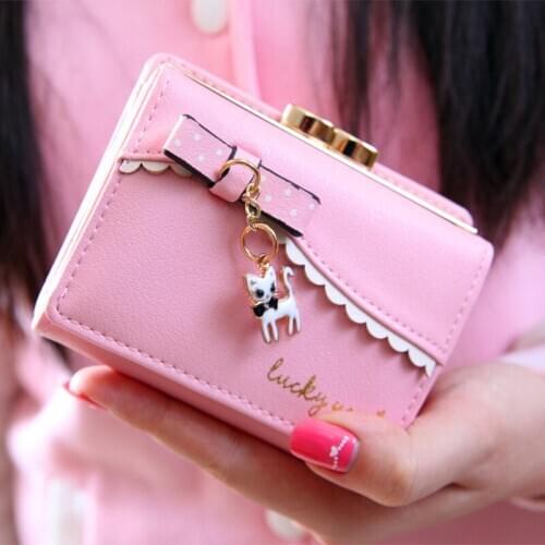 Wholesale Womens Fashion Bow Short Wallets PU Leather Wallets Cat Pendant tassels lovely Splicing Zipper Purse Bags Handbaga