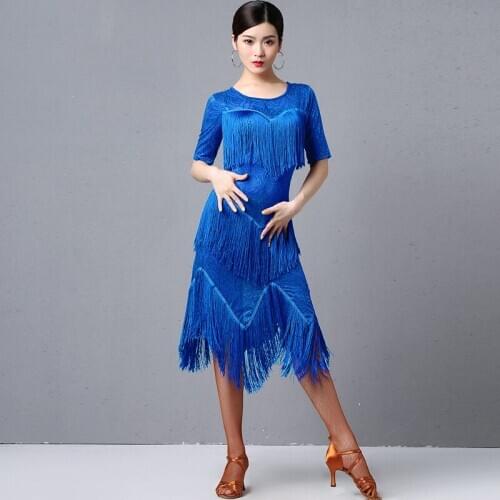 Latin Fringe Dresses Female Samba Practice Clothing Adult Sexy Blue/Purple/Black Mesh Tassel Tango/Samba/Salsa Dress DQL2147