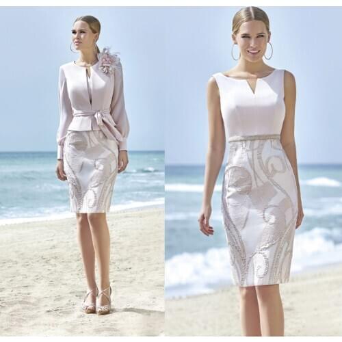 2020 Mother of the Bride Dresses with Long Sleeve Jacket Lace Evening Gowns Custom Made Knee-Length Wedding Guest Dress