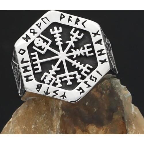Popular Norse Mythology Viking Compass Rune Totem Hexagonal Titanium Steel Stainless Steel Mens Ring