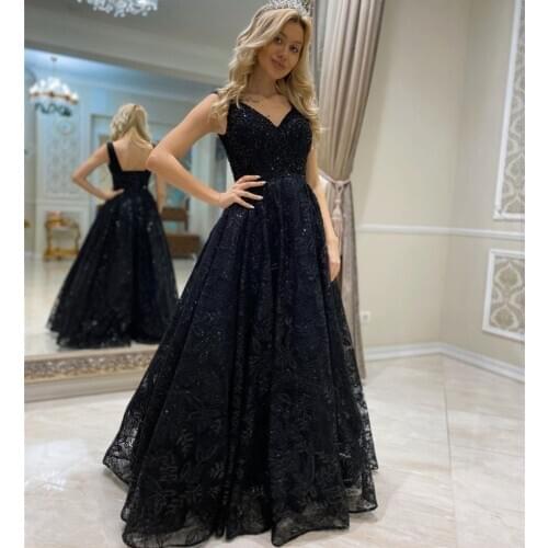 Luxury Black Evening Dress A-Line V-Neck Tank Lace Appliques Sequined Beads Backless Floor Length Formal Party Prom Gown 2021