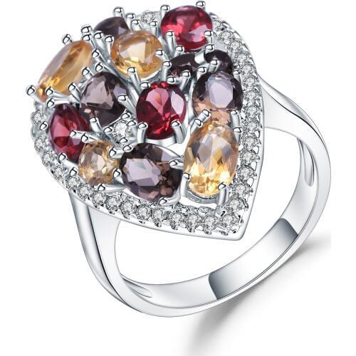 Gems Ballet Multicolor Natural Garnet Citrine Smoky Quartz Gemstone Rings 925 Sterling Silver Cocktail Ring For Women Jewelry
