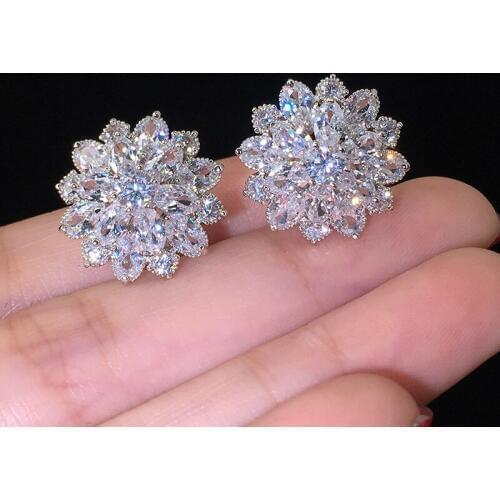 New Trendy Dazzling AAAAA Zircon 925 Sterling Silver Stud Earrings for Women Temperament Simple Flower Wedding Earrings Gift