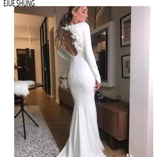 EJUE SHUNG Vintage Mermaid Wedding Dresses Jewel Neck Long Sleeves Hollow Back With Flowers Satin Wedding Gowns robe de mariee