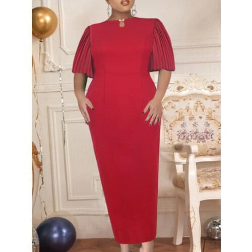 Women Bodycon Dress Short Pleated Sleeves Plus Size 4XL 5XL Summer High Waist Slit Office Ladies Birthday Party Gowns with Bead