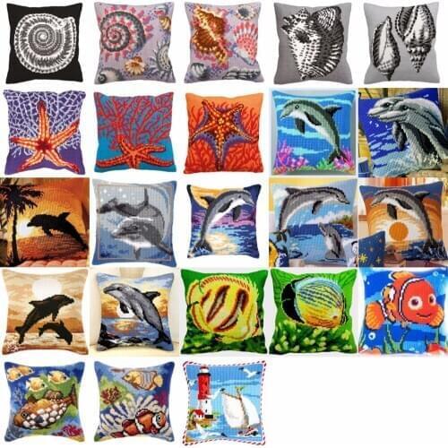 1Marine life fish DIY Needlework Kit Acrylic Yarn Embroidery Pillow Tapestry Canvas Cushion Front Cross Stitch Pillowcase