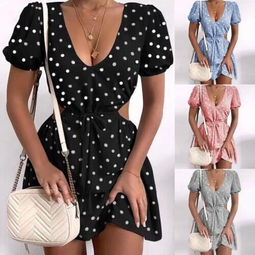 Polka Dot Black Summer Dress Chiffon Sexy Hollow Out Drawstring Waist Mini Day Dress Party Holiday Outfit 2021 Fashion Dress