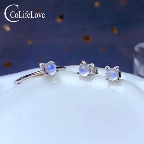 CoLife Jewlery 925 Silver Moonstone Jewelry Set 4mm Natural Moonstone Ring and Earrings Set Fashion Moonstone Jewelry Set