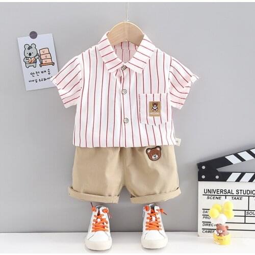 New Summer Fashion Baby Boys Handsome Clothing Cartoon Bear Suits Kids Striped Lapel T-Shirt+Tooling Shorts Toddler Outfits