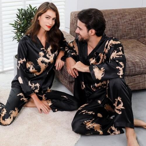 Two Piece Set Couple Thin Long Sleeve Nightgown Silk Pajamas for Men Sleepwear Mens Pajama Set & Women Pajamas Set Mansleepwear