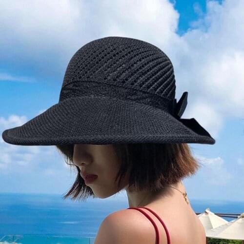 Summer Female Hat Women Sun Visor UV Protective Anti Ultraviolet Bowknot Wide Brim Foldable Straw Hat Cap for Outdoor Straw Hat