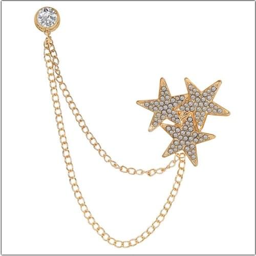 Fashion Alloy Rhinestone Star Brooch Crystal Tassel Chain Lapel Pins and Brooches for Men Shirt Suit Badge Clothing Accessories
