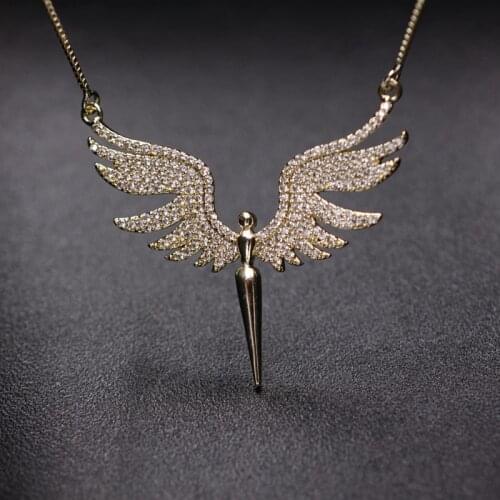 Charm Angel Wing Pendant Necklace For Women Full Micro Cubic Zirconia Paved 2019 Fashion Gold Color& Silver Color Angel Necklace