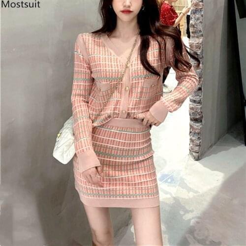 Autumn Elegant Fashion 2 Piece Set Women Long Sleeve Single Breasted Cardigan Plaid Tops And Mini Skirt Sets Suit Korean 2021