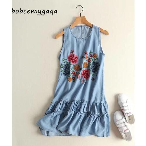Summer mini sleeveless denim dress women o-neck embroidery sundress ruffles pleated cute Loose Jeans beach dress short