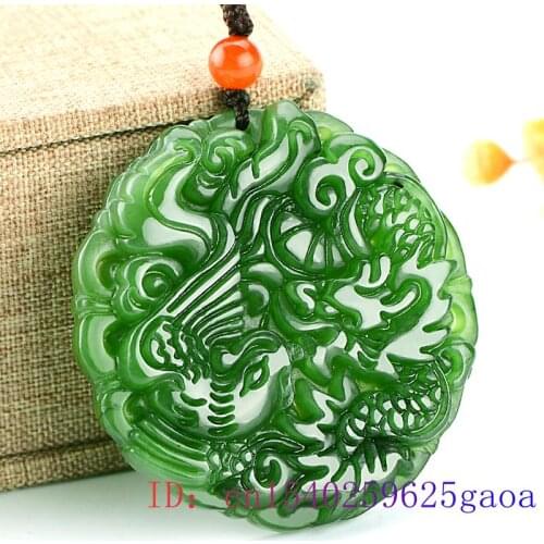 Green Jade Dragon Phoenix Pendant Natural Charm Gifts Women Chinese Fashion Necklace Men Amulet Jewelry Carved Jadeite