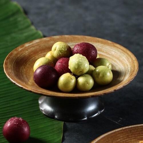 Japanese-style stoneware fruit salad plate retro living room high-foot snack plate household handmade tableware dessert plate
