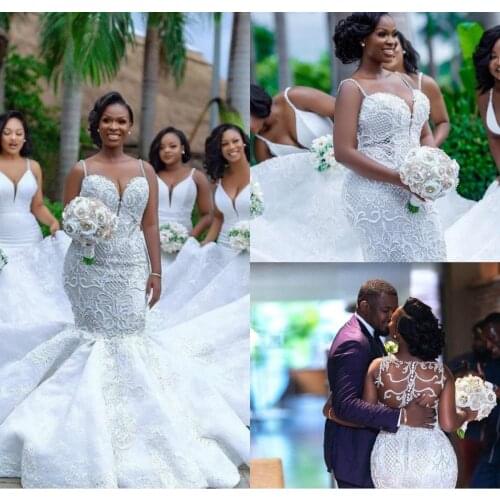 African Plus Size Mermaid Wedding Dresses Spaghetti Lace Appliqued Pearls Beads Sheer Country Custom Made Beach Bridal Gowns