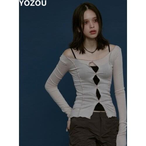 Harajuku vintage purple green 90s retro korean slash neck hollow out sexy slim bodycon long sleeve short top tee tshirt