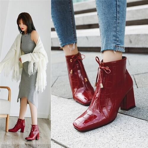 YQBTDL 2020 Patent Stone Plaid High Heel Womens Boots Ankle White Red Black Bowtie Square Toe Autumn Winter Boots Female Shoes