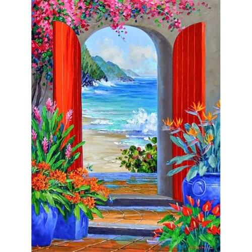 Yumeart DIY Diamond Painting Red Door Flower and Plants Diamond Embroidery Sale Spring Scenery Cross Stitch Patterns Home Decor