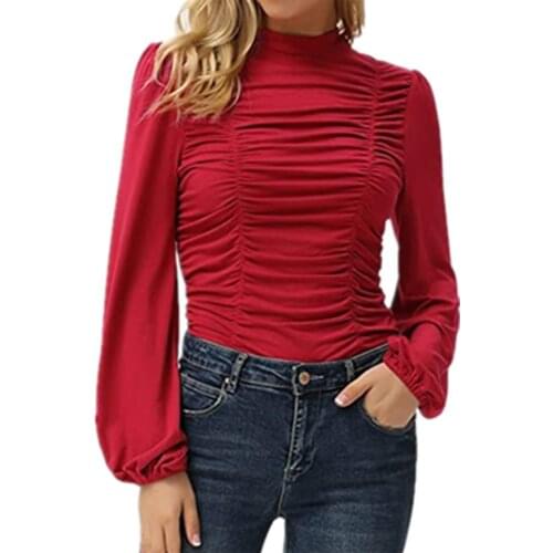 Womens Elegant Shirring Solid Color Tops Shirts Office Ladies Lantern Sleeve Casual Tops Shirts Turtleneck Elegant Shirts Femme