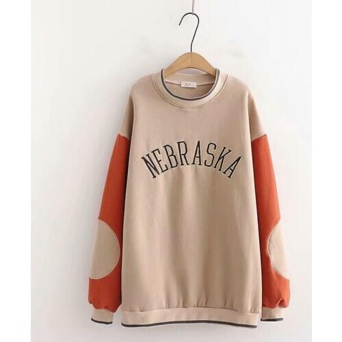 Womens Letter Embroidery Patchwork Sweatshirt Cotton Color Matching Sleeves Plus Velvet Harajuku Loose Hoodies 2010635