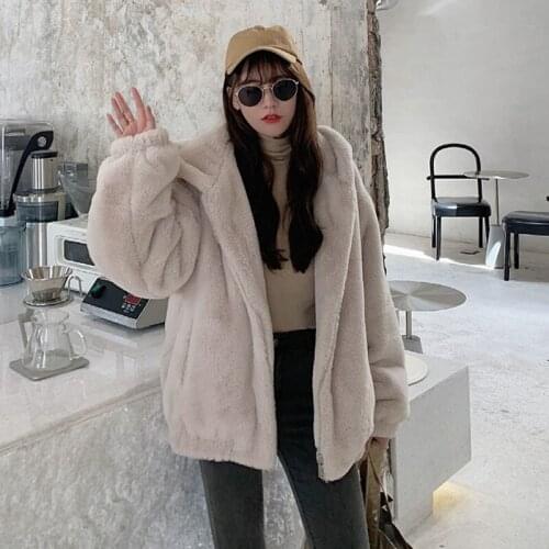 2021All-match Winter Women Mid-Length Imitation Rabbit Jacket Thick Hooded Zipper Loose Hoodie Ladies Parka Coat