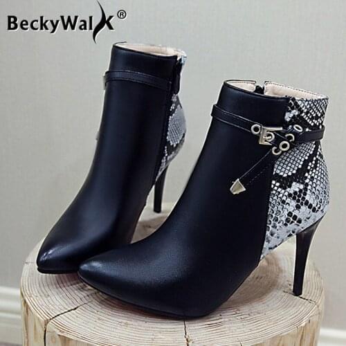 Patchwork Womens Boots Autumn Pointed Toe Buckle Strap High Heels Ankle Boots Women Winter Pumps Dress Shoes Woman WSH3691