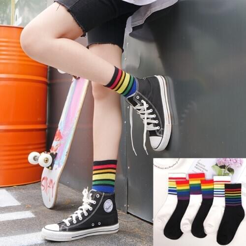 Korea Style Women Rainbow Cotton Socks Stripe Crew Socks Women Female Leisure Comfortable Socks Ladies Long Socks skateboard