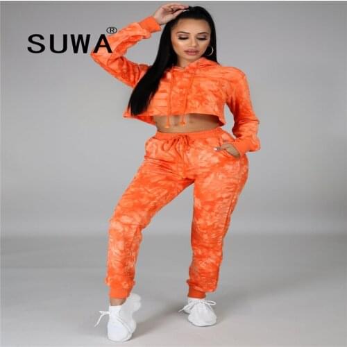 Wholesale spring clothes women sets 2 pieces tie dye long sleeve hoodies top + high waist pants lounge wear matching set