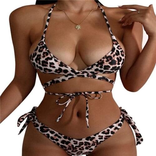 Meihuida 2021 Women Split Swimsuit Set Leopard Print Backless Deep V-neck Bikini + Lace-up Panties for Summer Bikinis