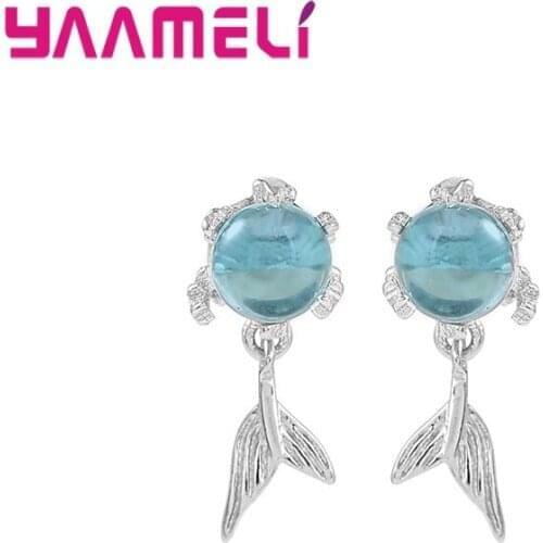 925 Sterling Silver Jewelry Earrings Pendientes for Ladies Blue Stone Mermaid Design Tail Pirecing Ear Brincos Birthday Gift