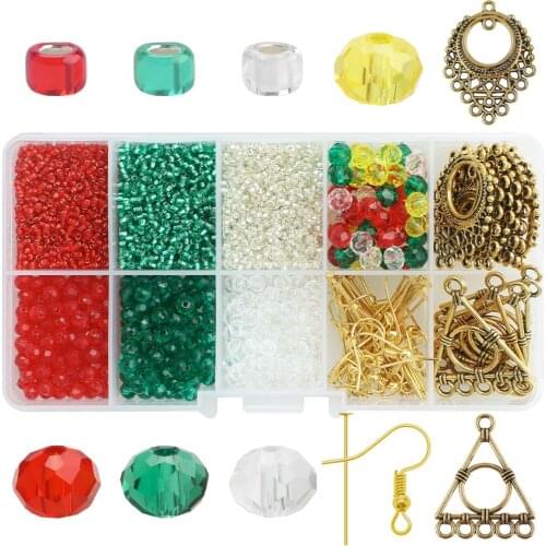 Christmas Earring Making Set DIY With Crystal Glass Round Beads Seedbeads Metal Alloy Hollow Pendants Earing Hook Flat Headpins