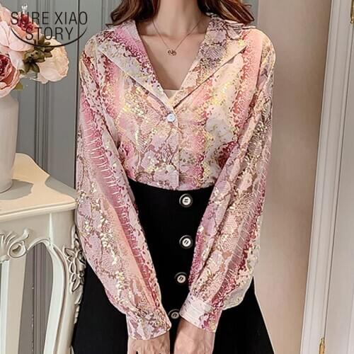 Blusa 2021 Autumn V-neck Women Blouse Fashion Loose Chiffon Blouse Slim Shirt Sexy Office Lady Clothing Chemisier Femme 10310