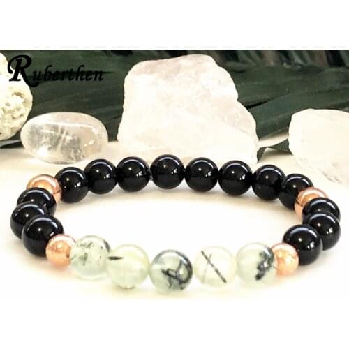 Ruberthen 8 mm A Grade Black Tourmaline Bracelet Women`s Natural Prehnit e Mala Bracelet Tibetan Balance Protection Bracelet