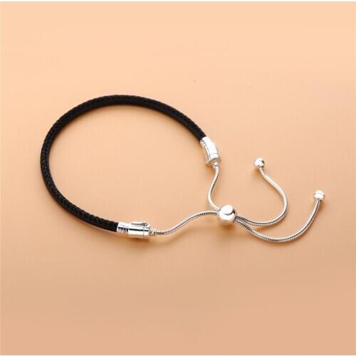 100% 925 Sterling Silver Original Fit 1:1 Charms Moments Black Leather Slider Pan Bracelet