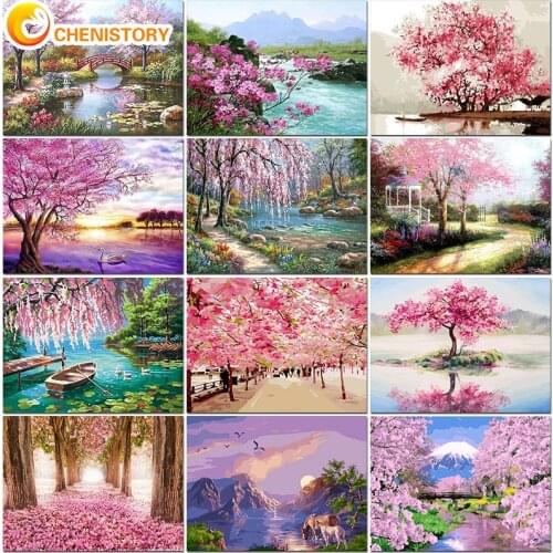 CHENISTORY Coloring By Numbers Landscape Handmade Art Painting By Numbers Cherry BlossomHand Painted Drawing Canvas Hobby Gift