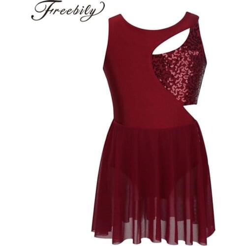 Kids Girls Ballet Dress Shiny Sequins Figure Ice Skating Dress Childrens Tutu Ballet Gymnastics Leotard Lyrical Dance Costumes