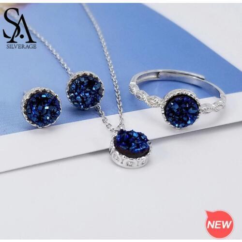 SA SILVERAGE 925 Sterling Silver Round Blue Agate Crystal 3-pieces Set Pendant Necklace Stud Earrings Wedding Rings Jewelry Set